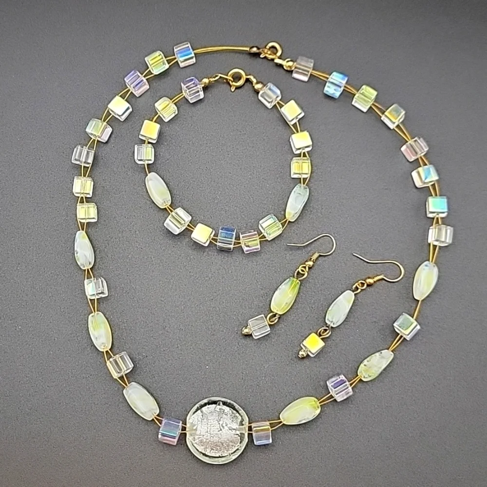 AB Cube & Givre Art Glass Necklace Bracelet and Earring Set Gold Tone Wire
